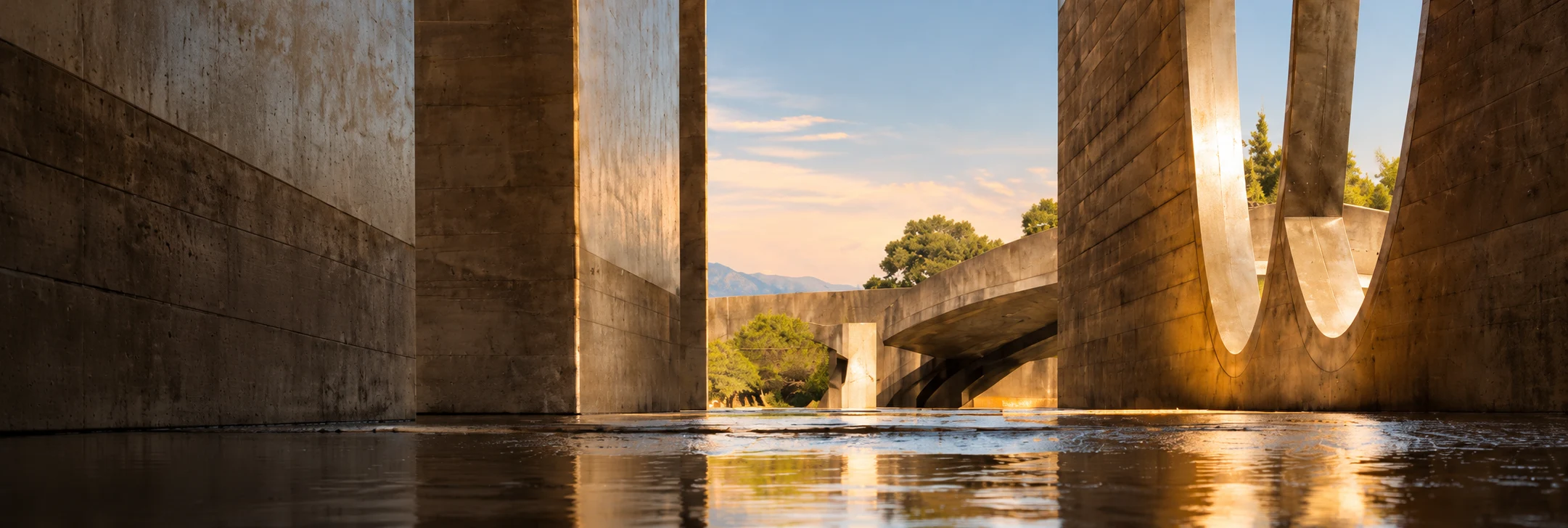 Sculptural concrete architecture beside still reflecting water in warm evening light.